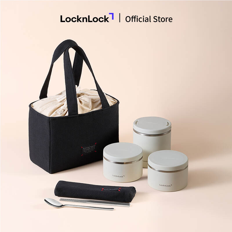 LHC8011S01 - Bộ hộp cơm giữ nhiệt LocknLock Pump One-Touch Vacuum Lunch box (330ml*2, 530ml*1, bộ đũa v&agrave; th&igrave;a, t&uacute;i) - M&agrave;u Trắng/M&agrave;u xanh navy image number null